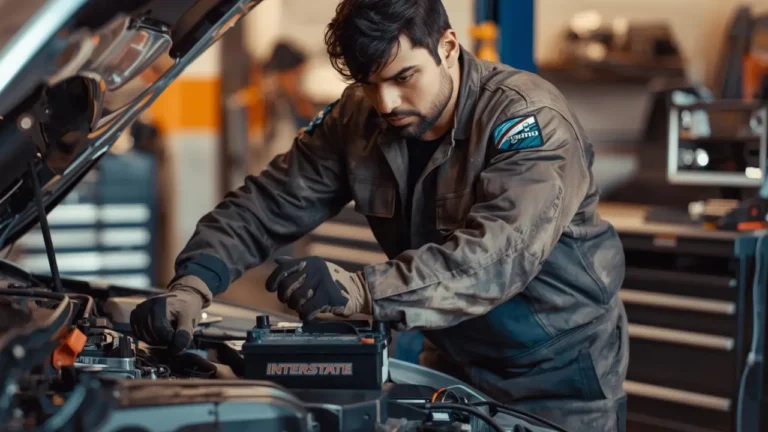 Mechanic installing an Costco Car Batteries in a car engine.