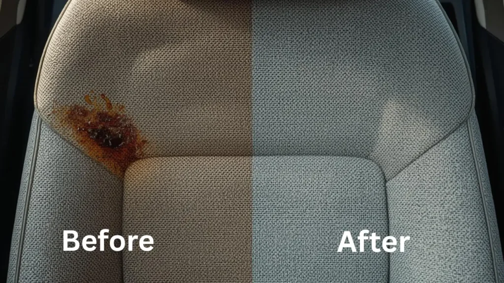 how to get stains out of car seats with Before and after cleaning stains from a car seat.