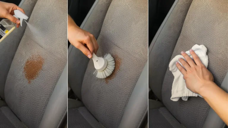 Person cleaning stains from fabric car seat using vinegar and brush.